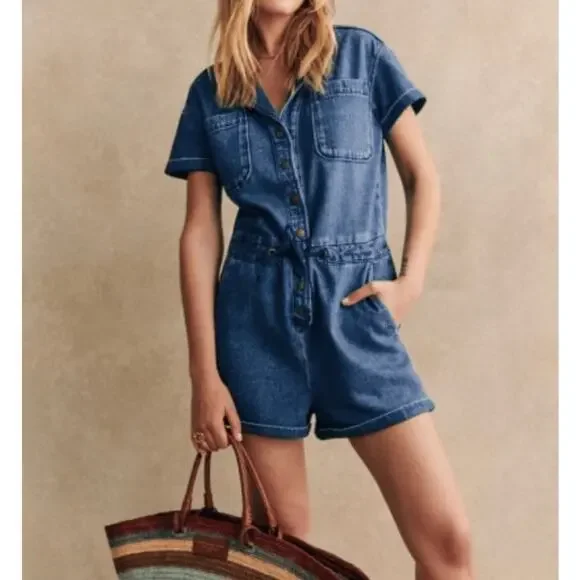 Sezane Denim Jumpsuit Romper Size 38 Organic Cotton / Hemp Fabric V-Neckline - Picture 1 of 11